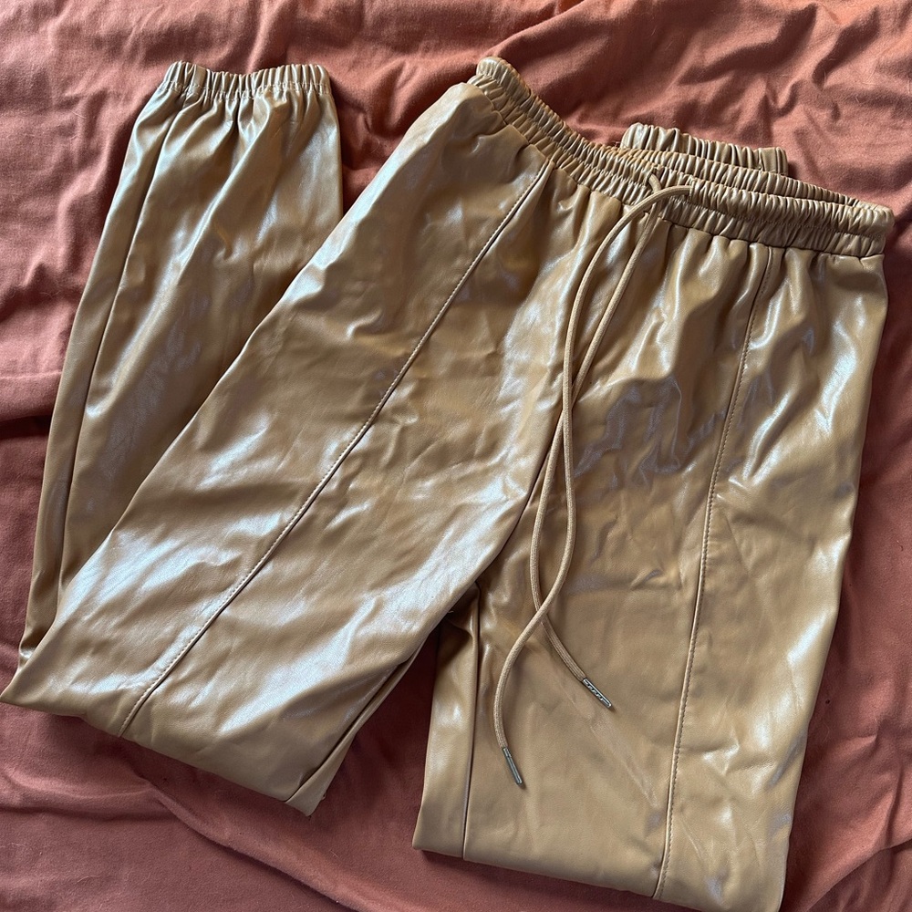 Tan Faux Leather Joggers